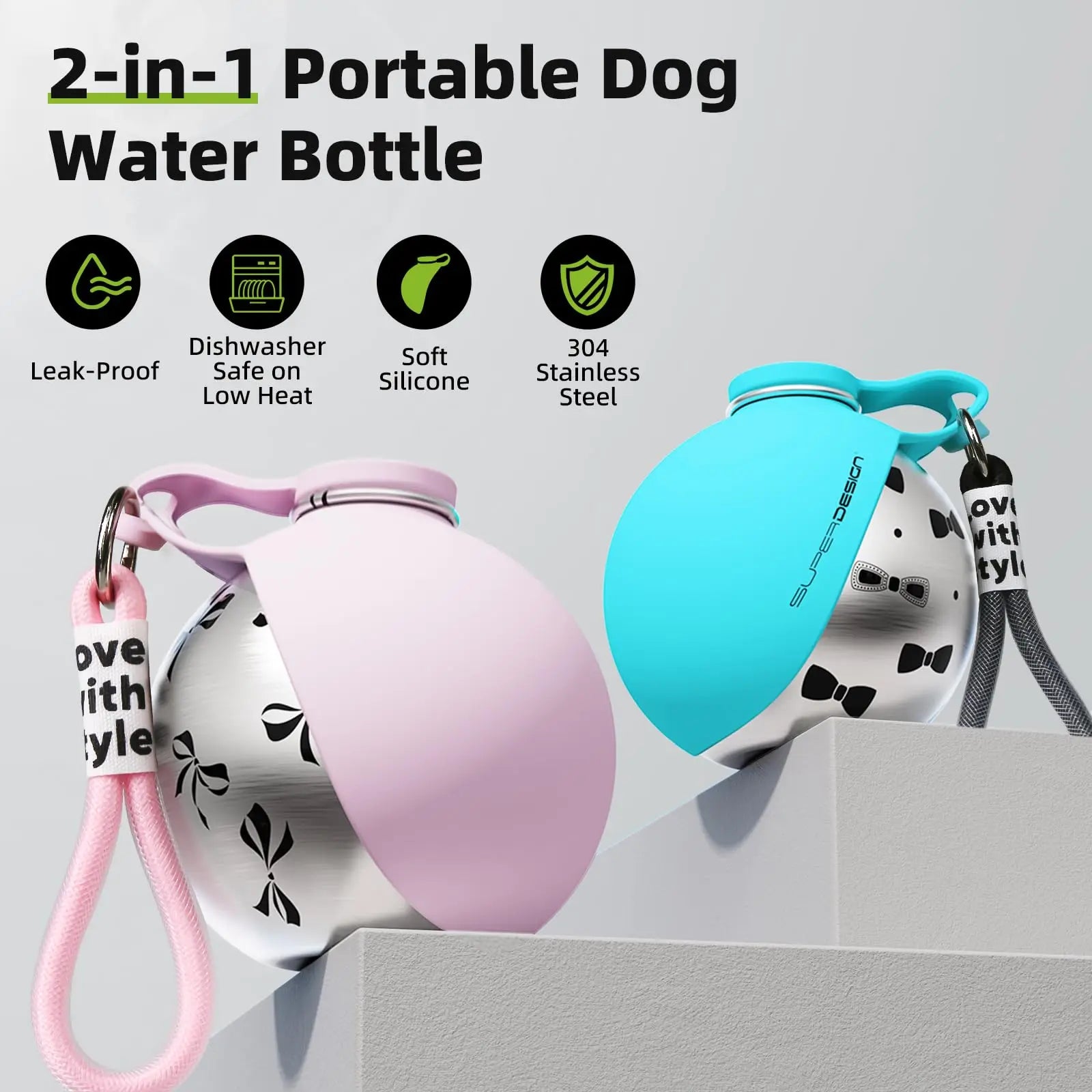 Paw Pack Bottle in Pink and Blue — 2-in-1 leak-proof dog water bottle, 304 stainless steel