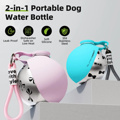 Paw Pack Bottle in Pink and Blue — 2-in-1 leak-proof dog water bottle, 304 stainless steel