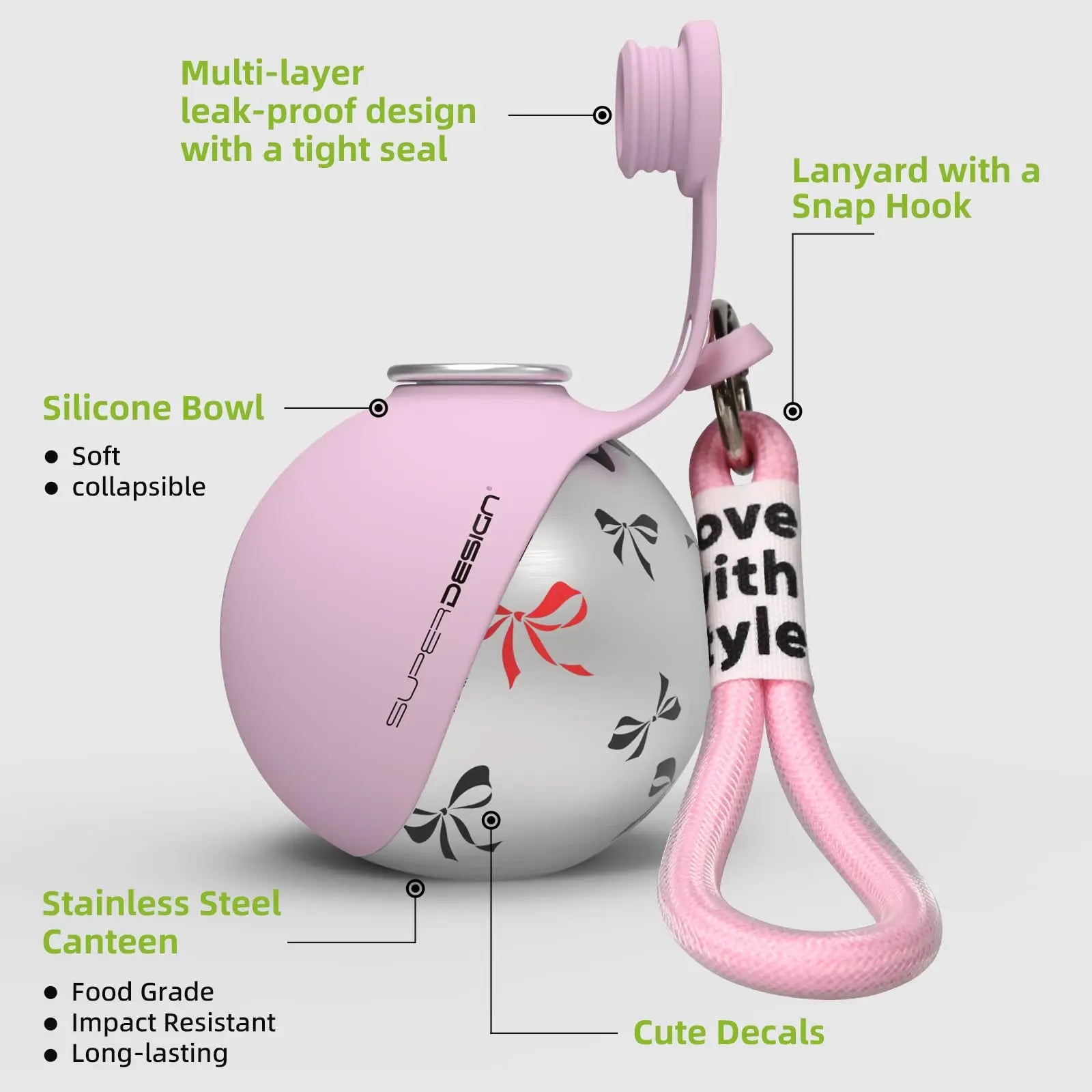 Features: soft collapsible silicone bowl, multi-layer leak-proof seal, food-grade stainless steel canteen