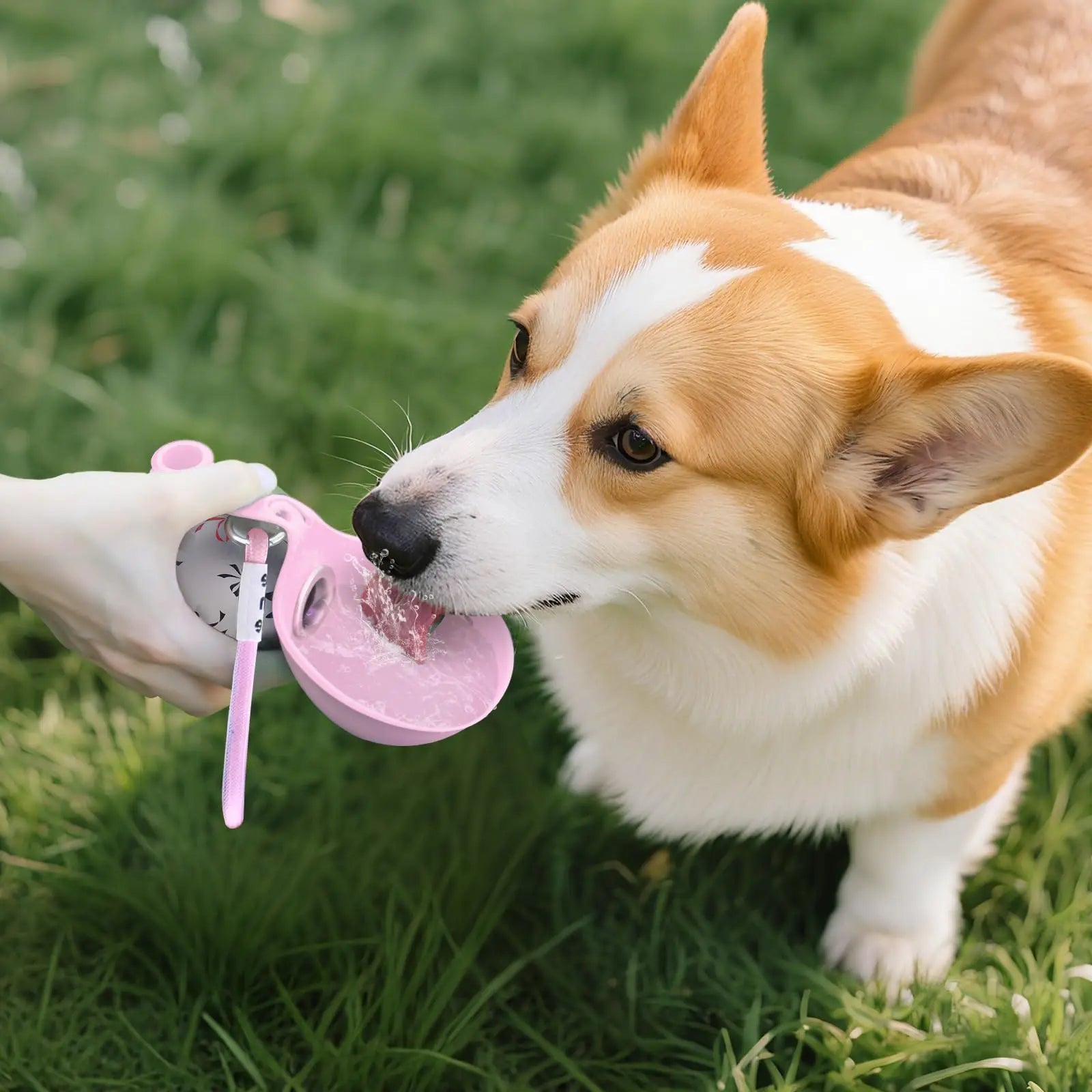 Corgi drinking fresh water from the Paw Pack Bottle silicone bowl on a walk