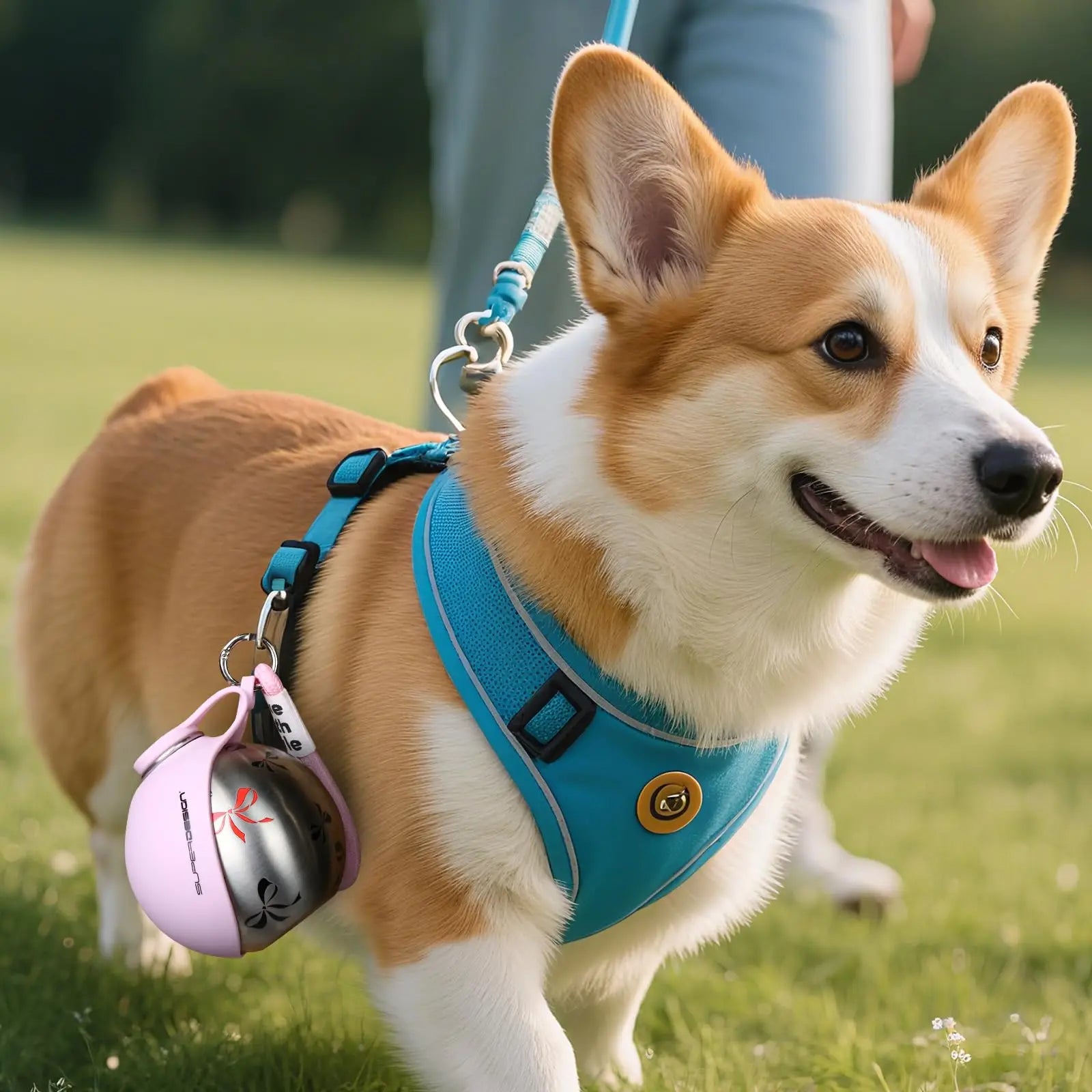 Paw Pack Bottle clipped to a dog harness with the snap-hook lanyard